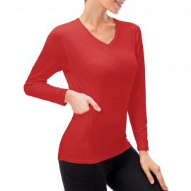 Women Sport Shirt with Pocket Quick Dry Stretch Slim V Neck Long Sleeves Yoga T-Shirt Tops